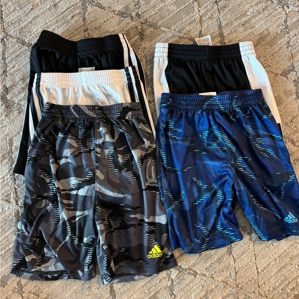 Five pairs boys adidas shorts 2 sizes